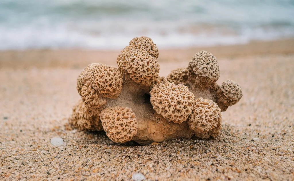 Close-up of a natural fulgurite rock formed by lightning striking sand, showcasing its tubular and glassy texture