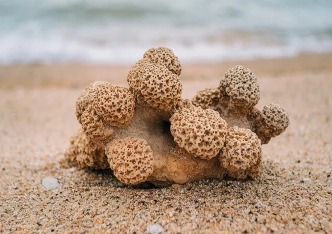 Close-up of a natural fulgurite rock formed by lightning striking sand, showcasing its tubular and glassy texture