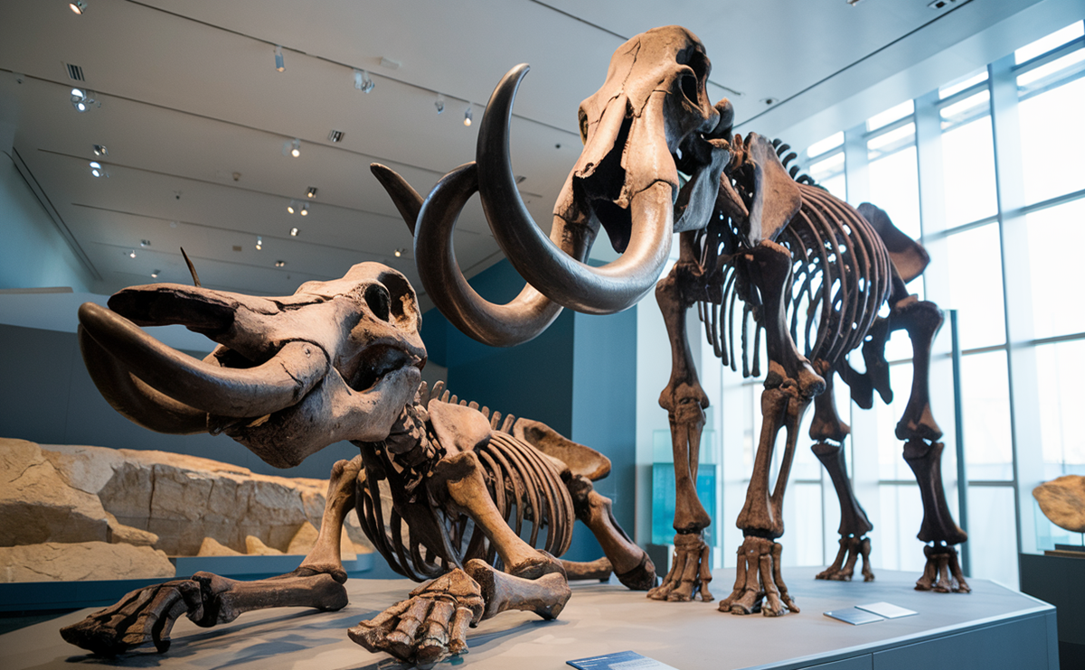 Fossilized mammoth skull and tusks on display, showcasing intricate details of the Ice Age relic