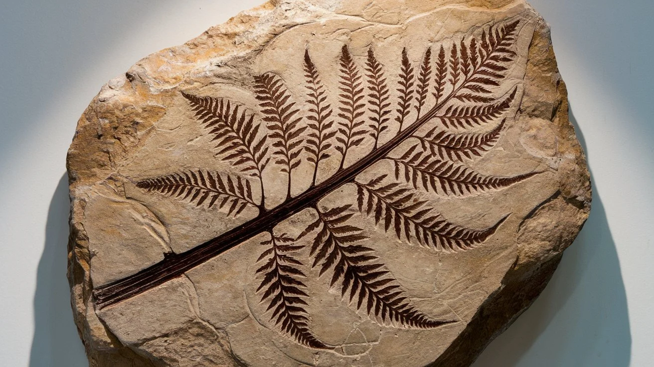 Close-up of plant fossils with detailed leaf imprints preserved in sedimentary rock