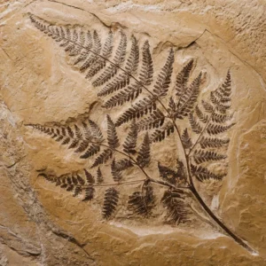 Fossil plant with visible leaf veins and patterns preserved in rock