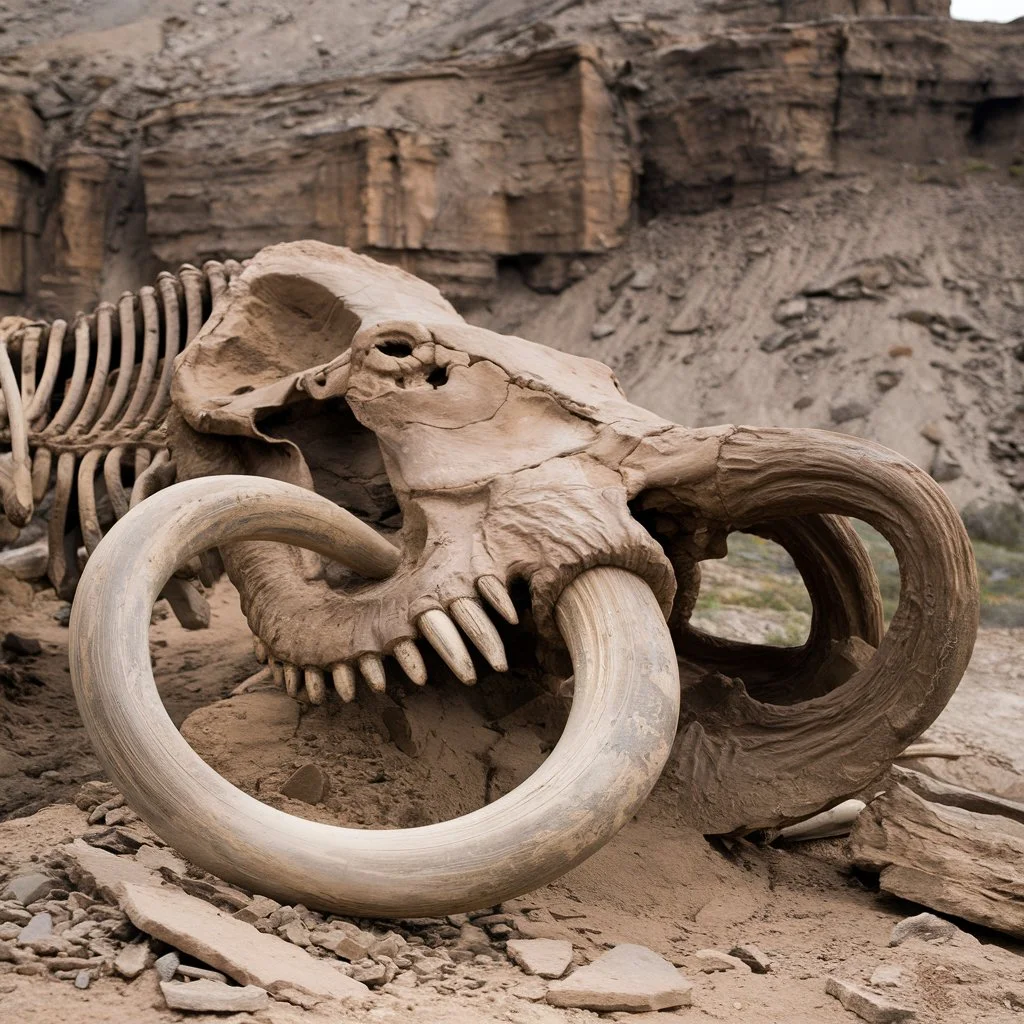 Well-preserved mammoth skeleton fossil, illustrating the grandeur of this extinct Ice Age species