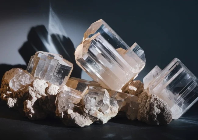 Close-up view of gypsum crystals with a pearly luster and translucent layers