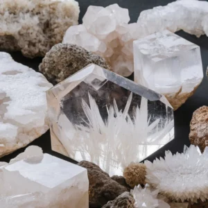 A variety of gypsum minerals, including selenite, satin spar, and alabaster, with distinct textures and colors