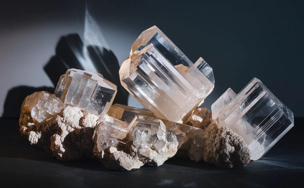 Close-up view of gypsum crystals with a pearly luster and translucent layers