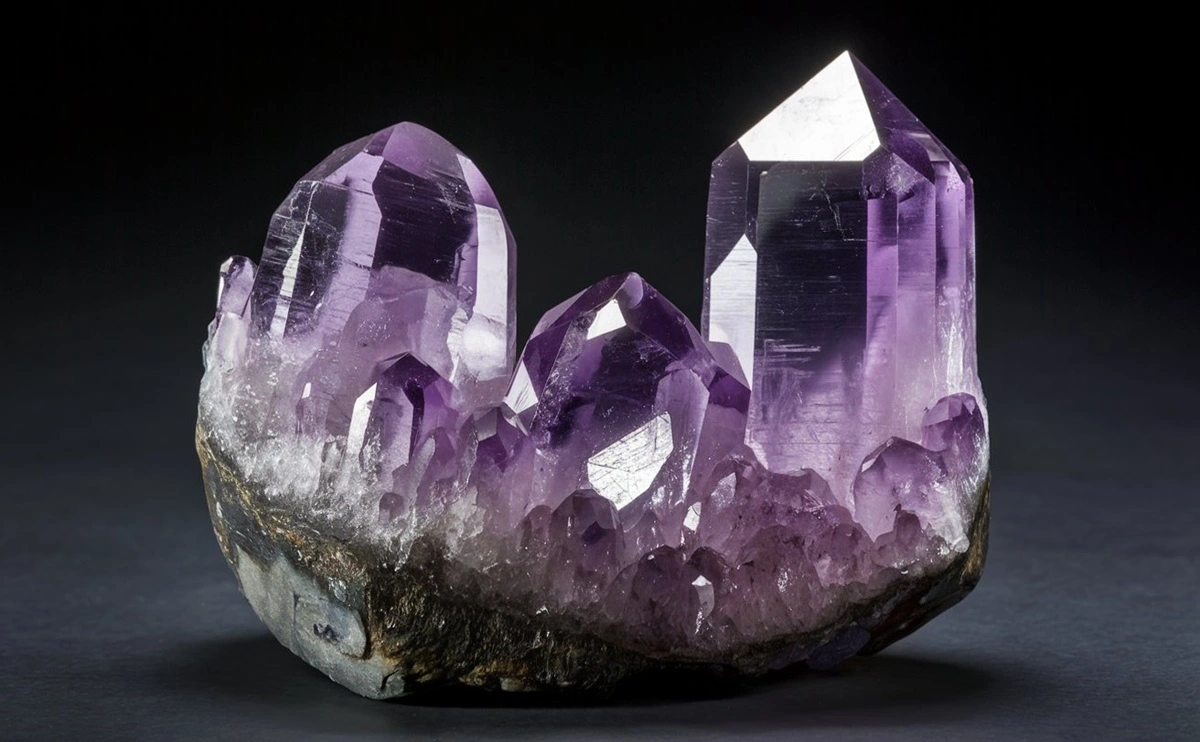 Close-up of a vibrant purple amethyst crystal cluster with well-defined facets and deep violet hues