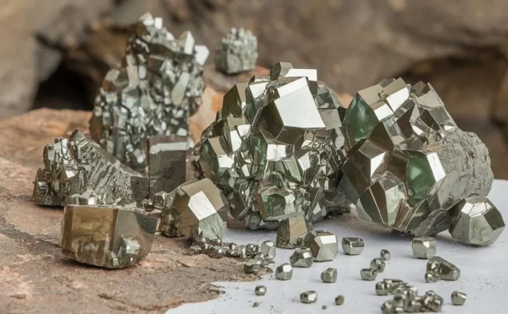 Close-up of a pyrite crystal cluster with metallic gold luster and cubic formations