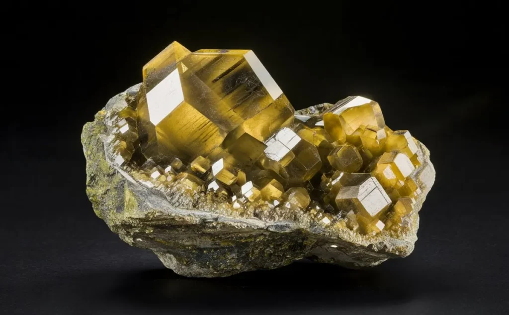 Golden-yellow barite crystal cluster from Morocco with tabular crystal formation.