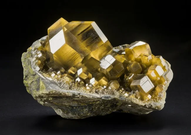 Golden-yellow barite crystal cluster from Morocco with tabular crystal formation.