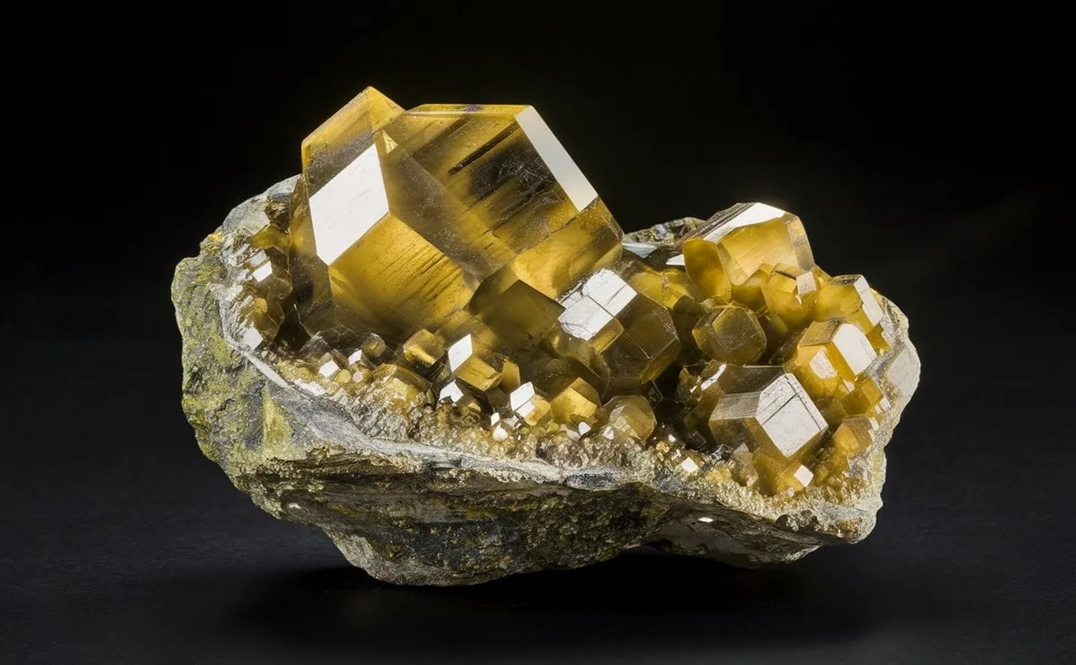Golden-yellow barite crystal cluster from Morocco with tabular crystal formation.