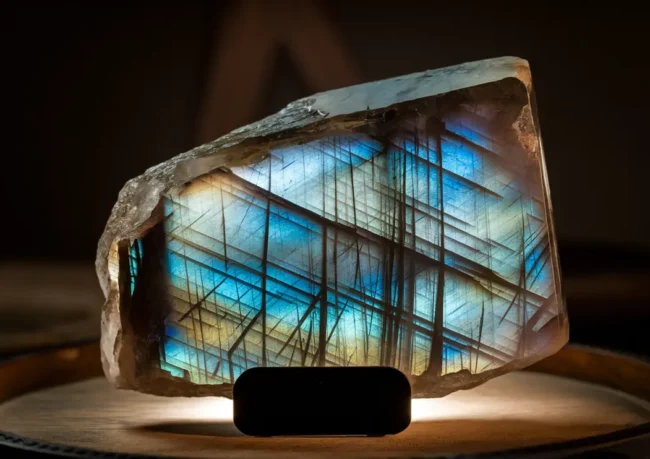 Polished labradorite stone showing blue and green labradorescence