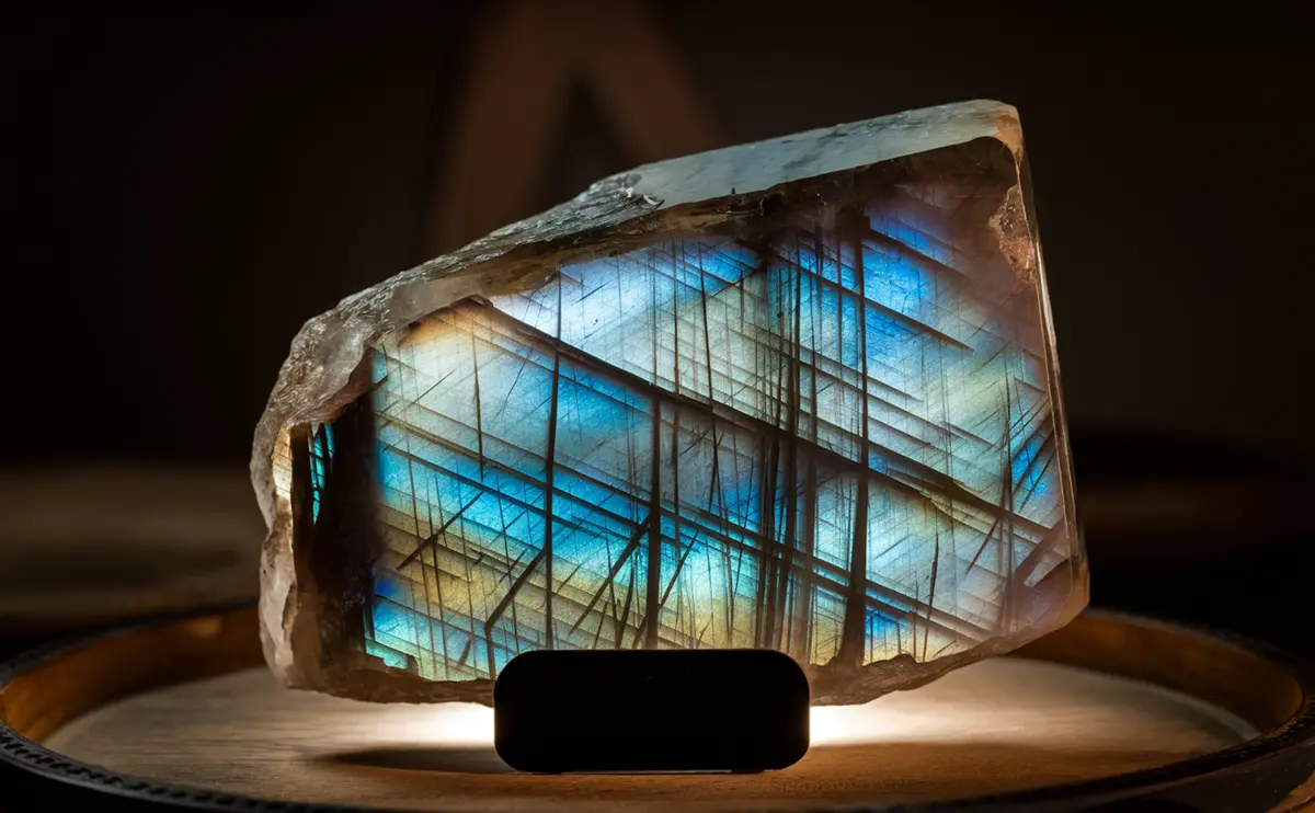 Polished labradorite stone showing blue and green labradorescence